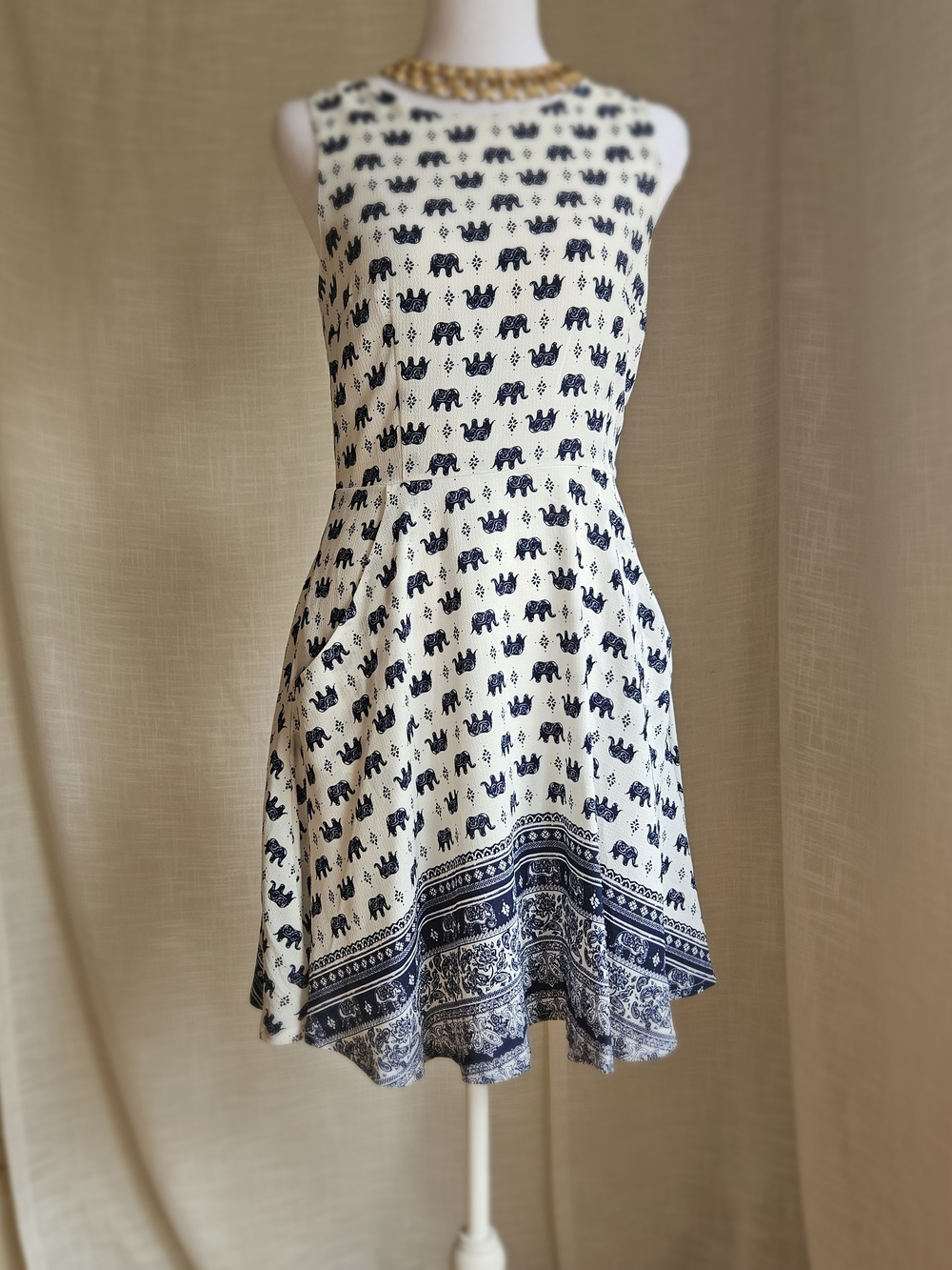 L.A. SOUL Elephant Print Sleeveless Sun Dress Blue White Paisley Border Size S - Picture 2 of 16